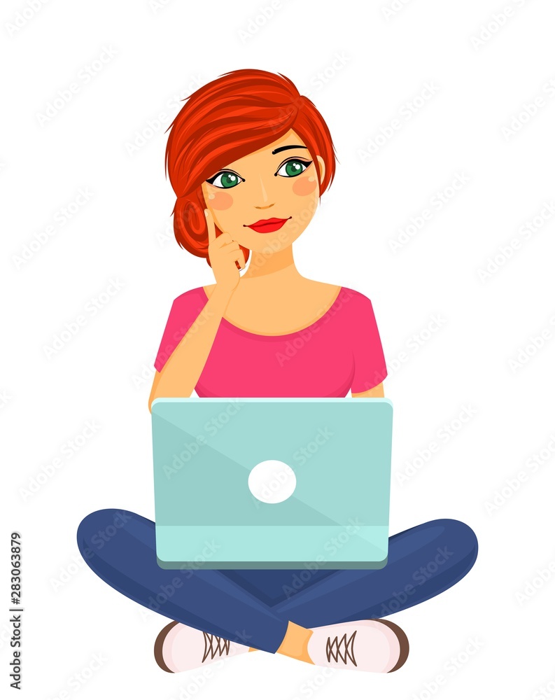 A young girl sits brooding using a laptop. Work, education and entertainment via the Internet. The girl with the red hair. Flat style on white background. Cartoon. A young girl sits brooding using a laptop. Work, education and entertainment via the Internet. The girl with the red hair. Flat style on white background. Cartoon.
