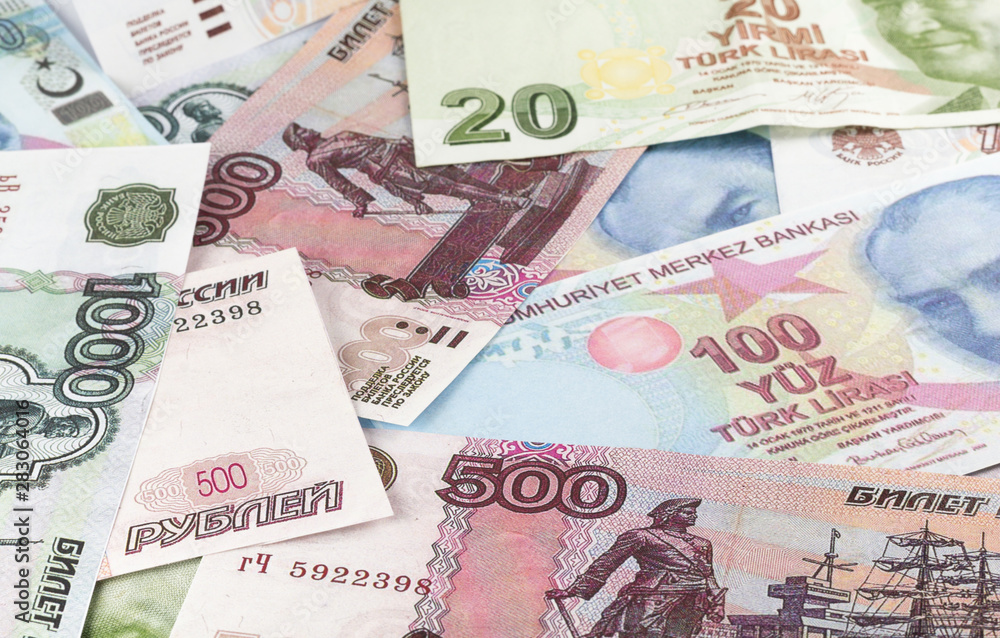 Obraz premium Two european currencies - Russian ruble and Turkish Lira