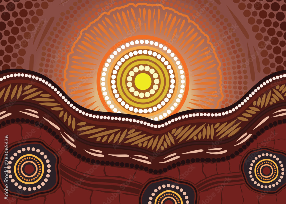 Nature concept, Aboriginal dot art vector painting depicting mountain ...