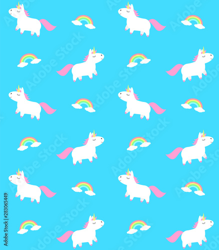 Vector seamless pattern of flat cartoon hand drawn doodle unicorn and rainbow isolated on blue background