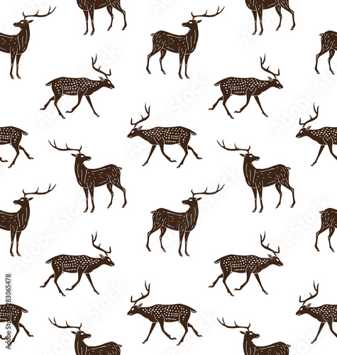 Vector seamless pattern of black hand drawn sketch deer isolated on white background