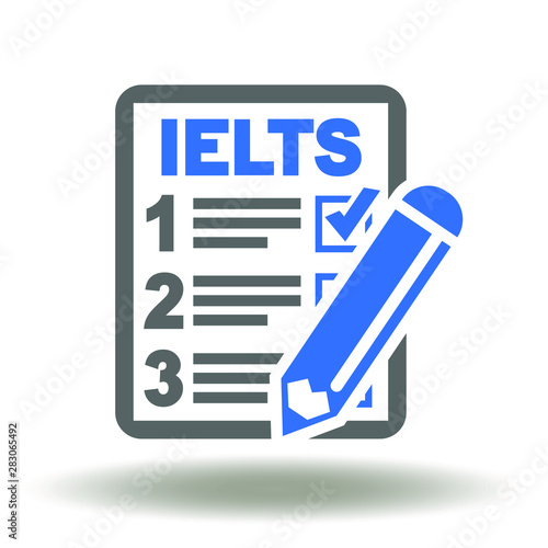 IELTS linguistic english test form logo. Checklist check mark pencil icon vector.