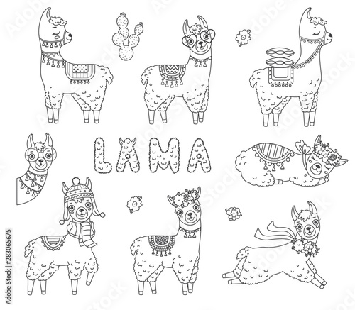 Set of cute outline doodle llamas. Hand drawn elements