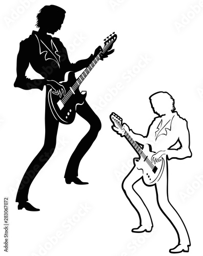Silhouette of a bass player, with bonus outline version