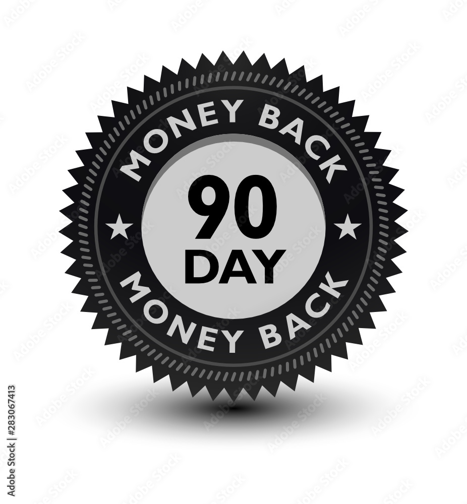 Silver color 90 day money back guaranteed banner, sticker, tag, icon, stamp, label, sign, badge isolated on white background.