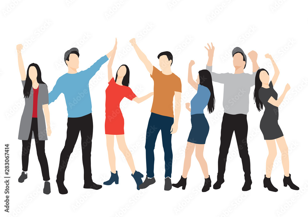 Obraz premium Set of men and women standing, hands up, dancing in various poses, cartoon character, group business people , vector silhouette, flat designe icon, different colors, isolated on white background