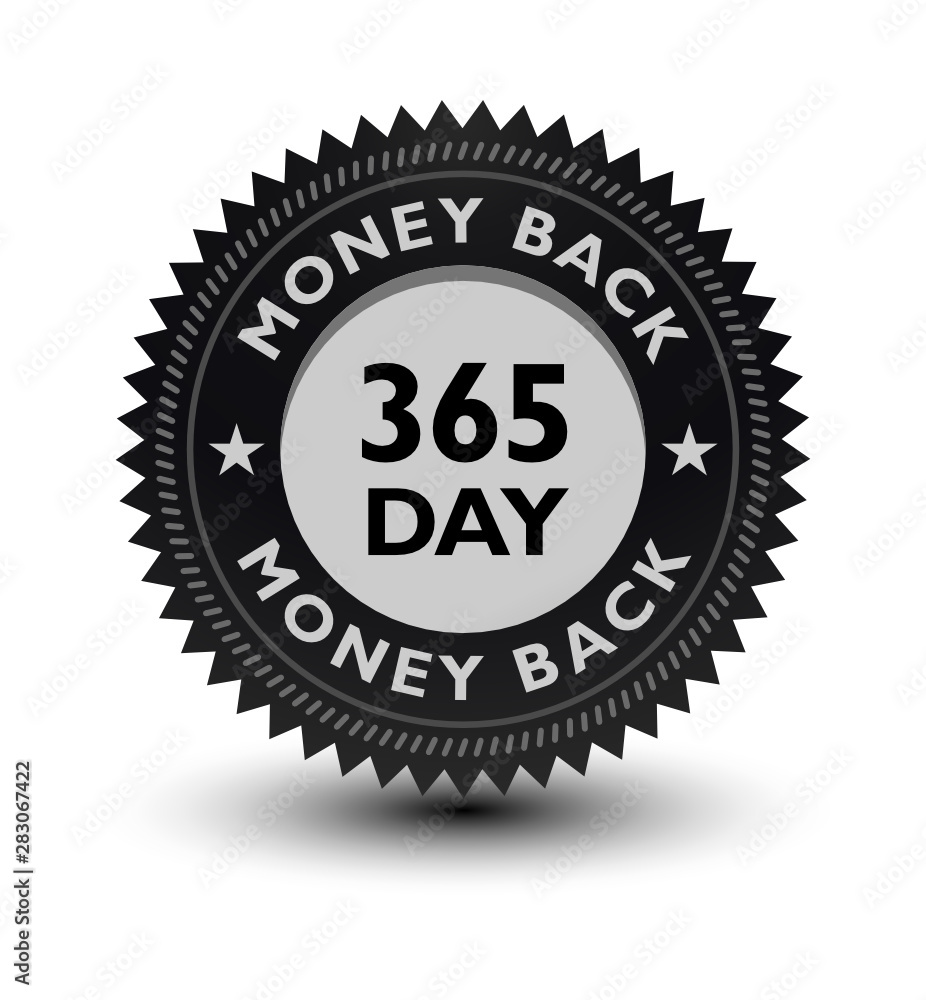 Silver color 365 day money back guaranteed banner, sticker, tag, icon, stamp, label, sign, badge isolated on white background.