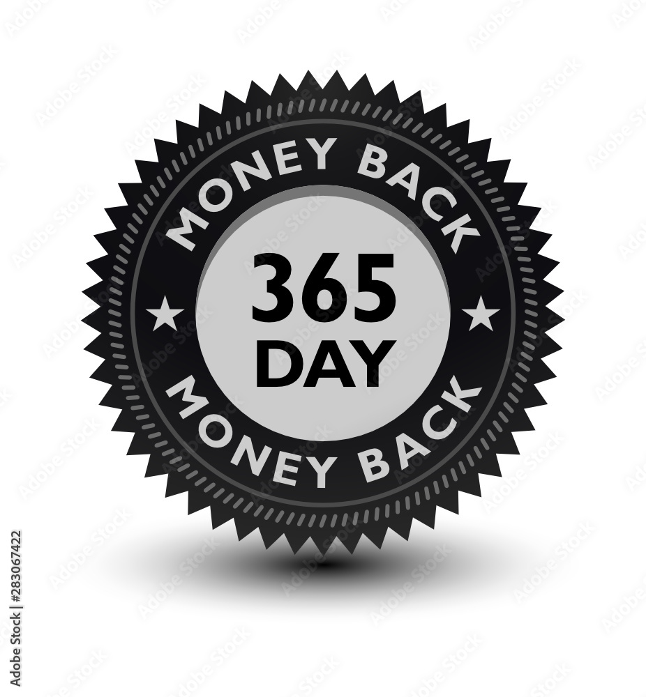 Silver color 365 day money back guaranteed banner, sticker, tag, icon, stamp, label, sign, badge isolated on white background. Silver color 365 day money back guaranteed banner, sticker, tag, icon, stamp, label, sign, badge isolated on white background.