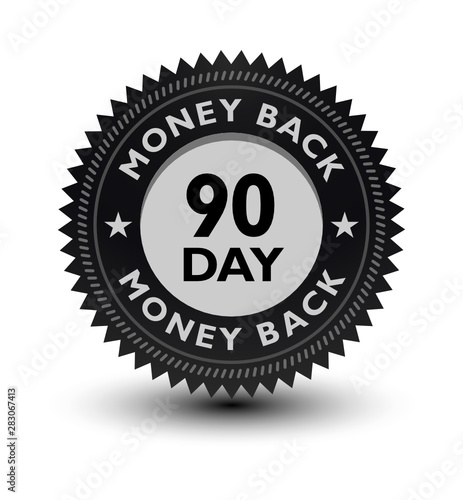 Silver color 90 day money back guaranteed banner, sticker, tag, icon, stamp, label, sign, badge isolated on white background.
