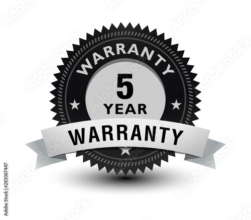 Silver color 5 year warranty banner, sticker, tag, icon, stamp, label, sign, badge with ribbon on top isolated on white background.