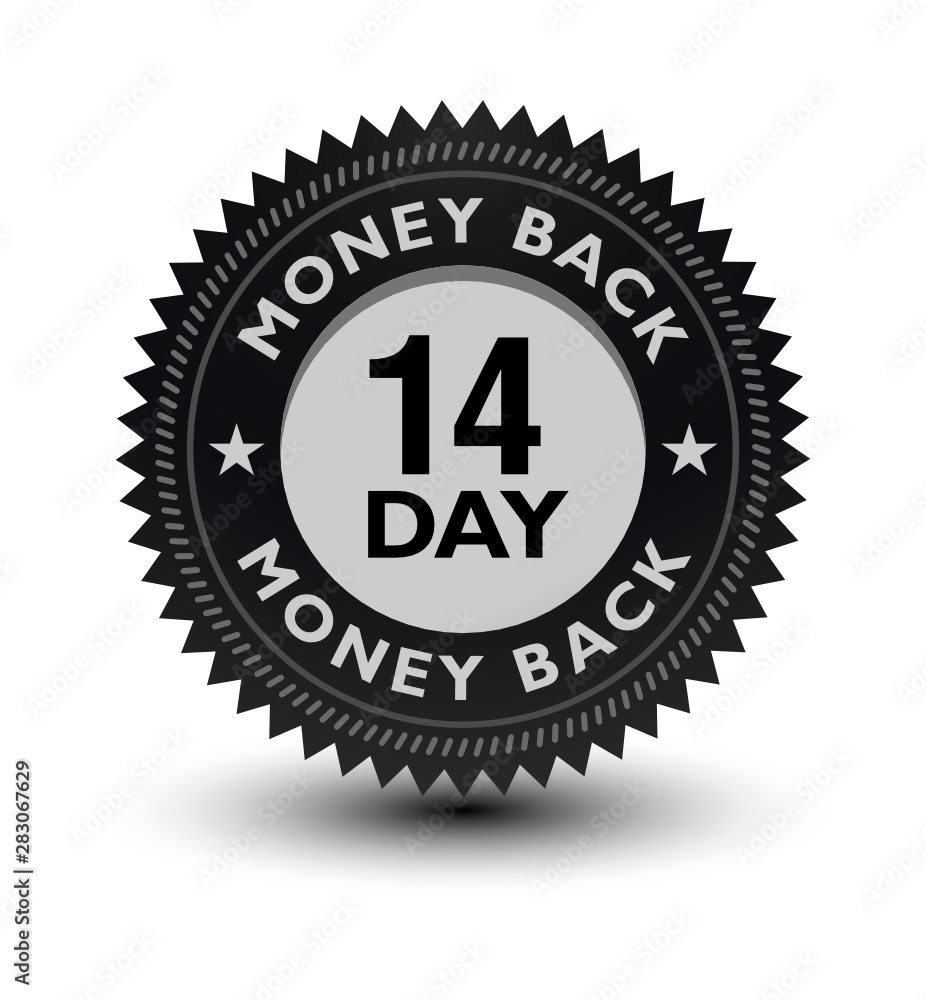 Silver color 14 day money back guaranteed banner, sticker, tag, icon, stamp, label, sign, badge isolated on white background.