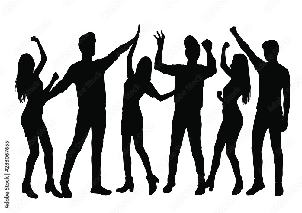 Set vector silhouettes men and women standing,  profile, hands up, different poses,    group business  people,   black color, isolated on white background
