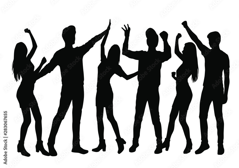 Set vector silhouettes men and women standing, profile, hands up, different poses, group business people, black color, isolated on white background Set vector silhouettes men and women standing, profile, hands up, different poses, group business people, black color, isolated on white background