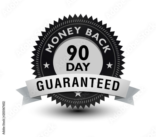 Silver color 90 day money back guaranteed banner, sticker, tag, icon, stamp, label, sign, badge with ribbon on top isolated on white background.