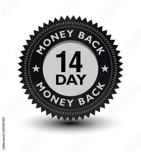 Silver color 14 day money back guaranteed banner, sticker, tag, icon, stamp, label, sign, badge isolated on white background.