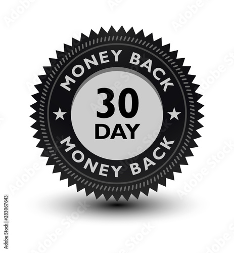 Silver color 30 day money back guaranteed banner, sticker, tag, icon, stamp, label, sign, badge isolated on white background.