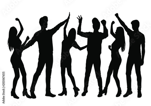 Set vector silhouettes men and women standing   profile  hands up  different poses     group business  people    black color  isolated on white background