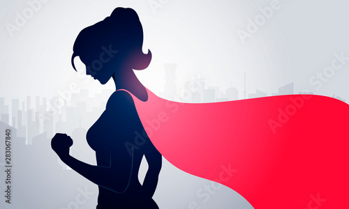 Vector Illustration Female Superhero watching over city. 