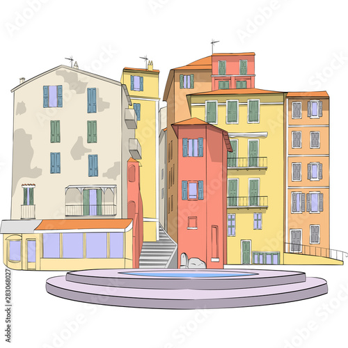 Vector. Colorful medieval houses in the historical part of Menton.