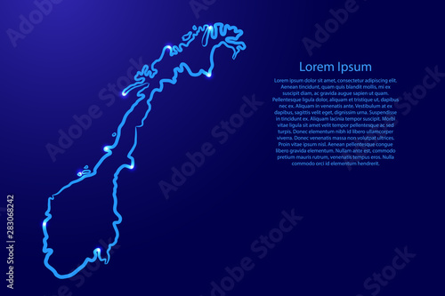 Fototapeta Norway map from the contour blue brush lines different thickness and glowing stars on dark background