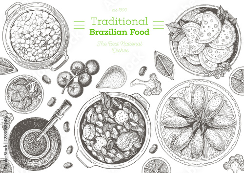 Brazilian cuisine top view frame. Brazilian food menu design with feijoada, brazilian shack, meat pastry, farofa and mate tea. Vintage hand drawn sketch vector illustration.