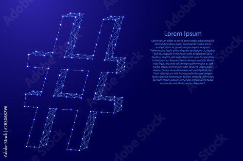 Hashtag sign or sharp, number, octothorpe, lattice, pound from futuristic polygonal blue lines and glowing stars for banner, poster, greeting card. Vector illustration.