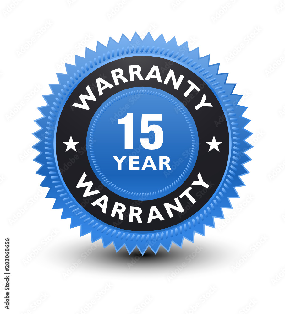 Simple yet excellent powerful high quality blue color 15 year warranty banner, sticker, tag, icon, stamp, label, sign, badge isolated on white background.
