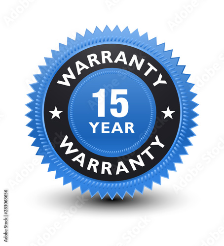 Simple yet excellent powerful high quality blue color 15 year warranty banner, sticker, tag, icon, stamp, label, sign, badge isolated on white background.