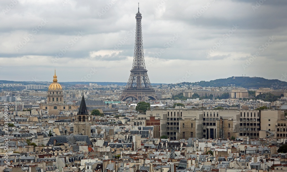 Paris view with Eiffel Tower and the golden dome of Les Invalide
