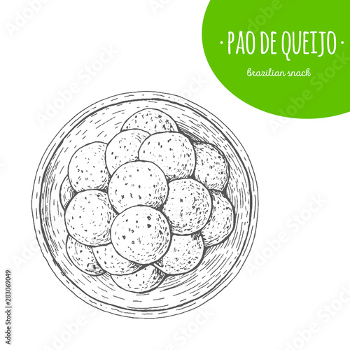 Pao de queijo top view vector illustration. Brazilian cuisine. Linear graphic.