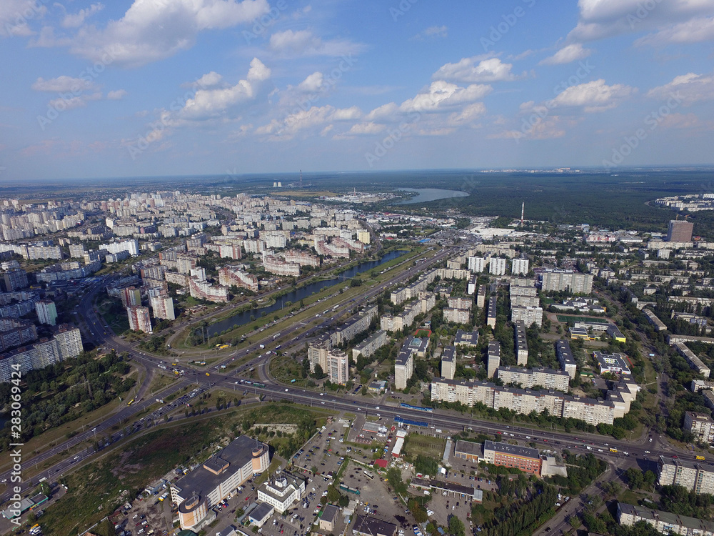 Residential area of Kiev at summer time (drone image).