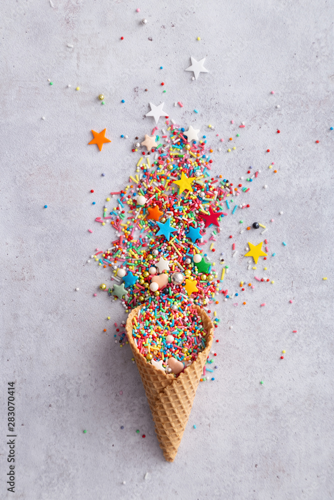 Sprinkles in a ice cream cone viewed from above. Top view