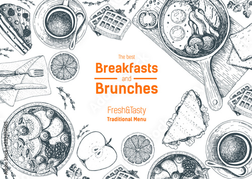 Breakfasts and brunches top view frame. Food menu design. Vintage hand drawn sketch vector illustration. Good nutrition.