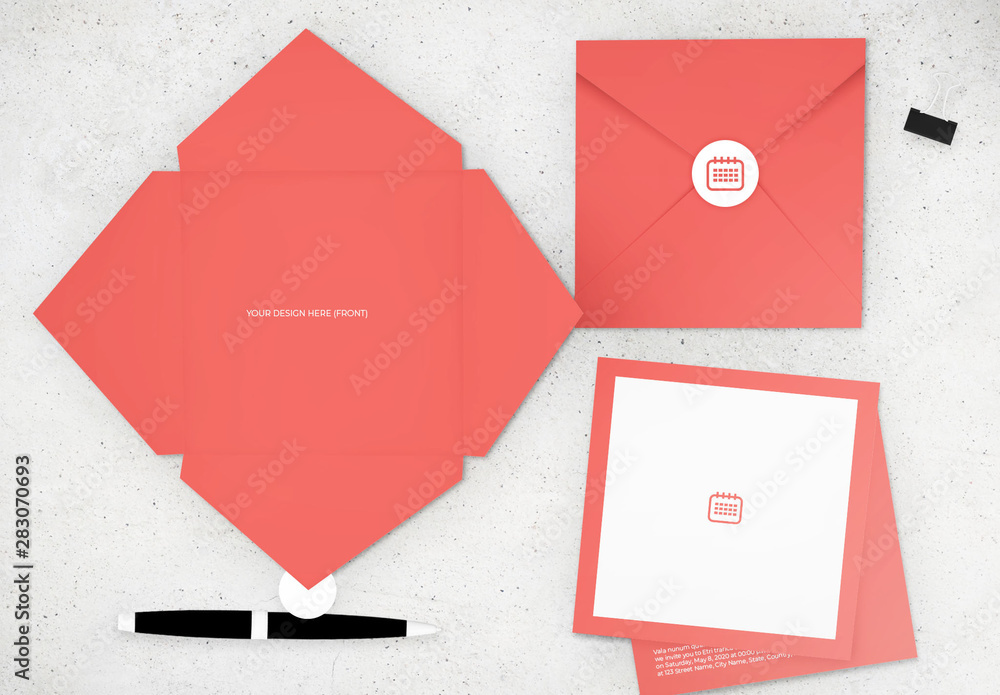 Event Invitation Set with Folded Envelope and Sticker Layout Stock
