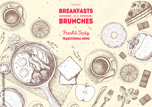 Brunch and breakfast top view frame. Food menu design. Vintage hand drawn sketch vector illustration