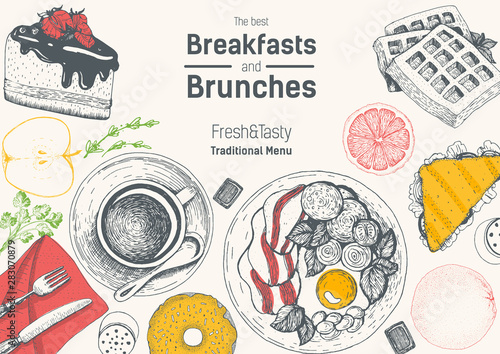 Brunch and breakfast top view frame. Food menu design. Vintage hand drawn sketch vector illustration