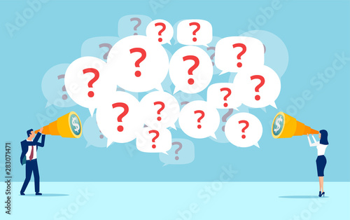 Vector of business man and businesswoman searching for financial opportunities have many questions