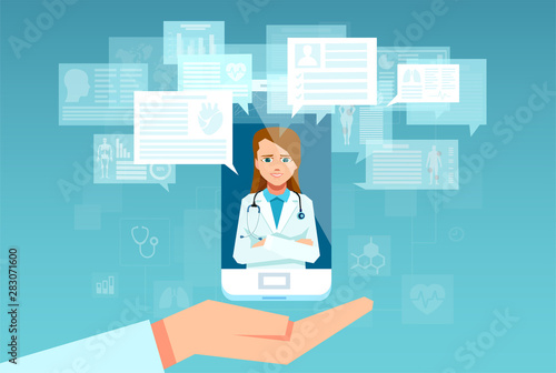 Vector of a female health care professional answering patient questions on the smartphone app.