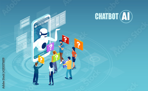 Vector of men and women chatting with chatbot application.