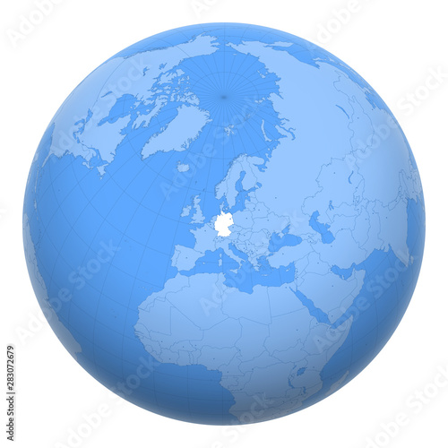 Germany on the globe. Earth centered at the location of the Federal Republic of Germany. Map of Germany. Includes layer with capital cities.