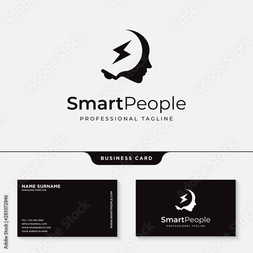 head bulb, smart think logo design with business card template vector