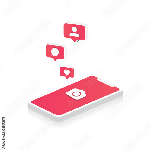 3d Vector of isometric of mobile phone with camera, heart, follower and comment bubbles push notifications, social media illustration - vector