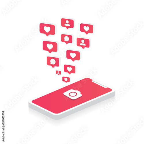 3d Vector of isometric of mobile phone with camera, heart, follower and comment bubbles push notifications, social media illustration - vector