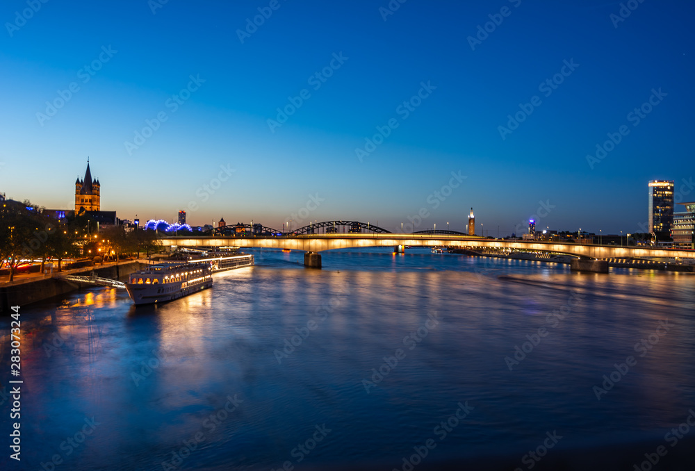 Riverside of the river Rhine in Cologne at night