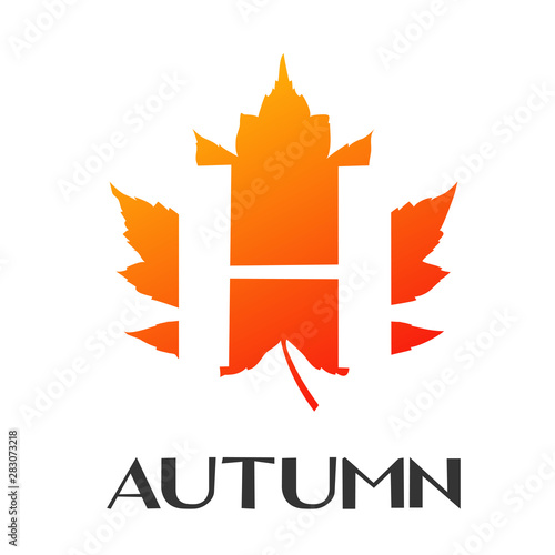 Logotipo con texto Autumn con letra H en espacio negativo sobre hoja en color naranja