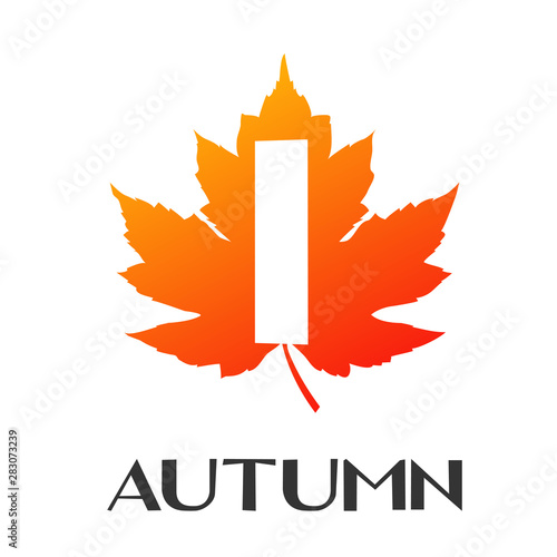Logotipo con texto Autumn con letra I en espacio negativo sobre hoja en color naranja