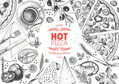 Pizza top view frame. Italian food menu design template. Vintage hand drawn sketch vector illustration. Engraved style