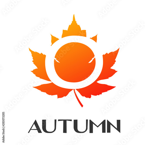 Logotipo con texto Autumn con letra O en espacio negativo sobre hoja en color naranja