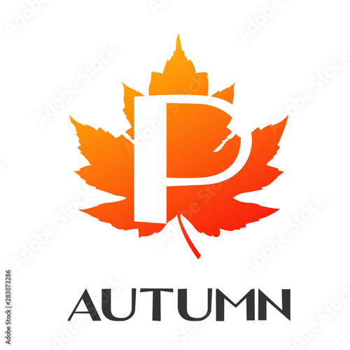 Logotipo con texto Autumn con letra P en espacio negativo sobre hoja en color naranja