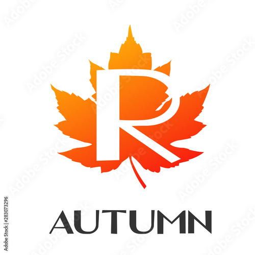 Logotipo con texto Autumn con letra R en espacio negativo sobre hoja en color naranja